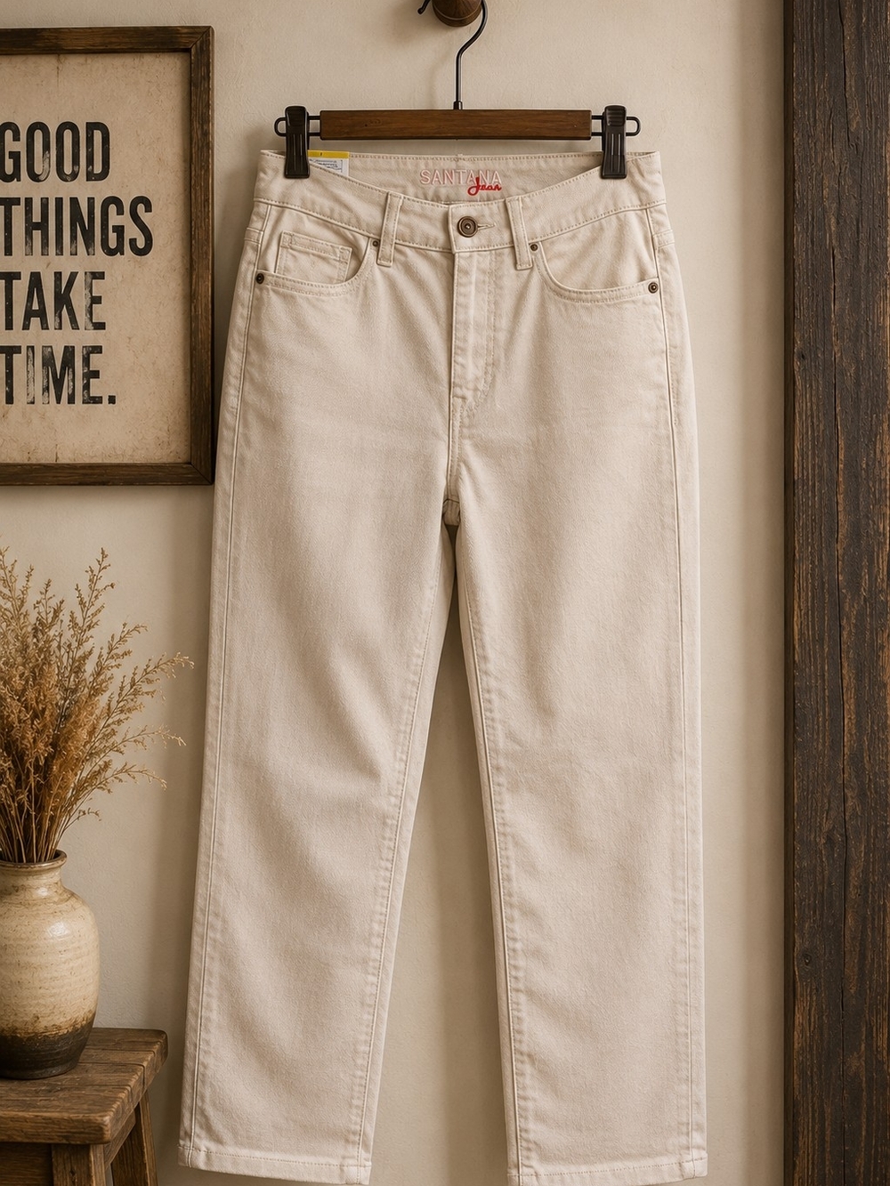 NWT Santana Jeans Size 6 Ivory Tan Tummy Control Mid Rise Straight Leg